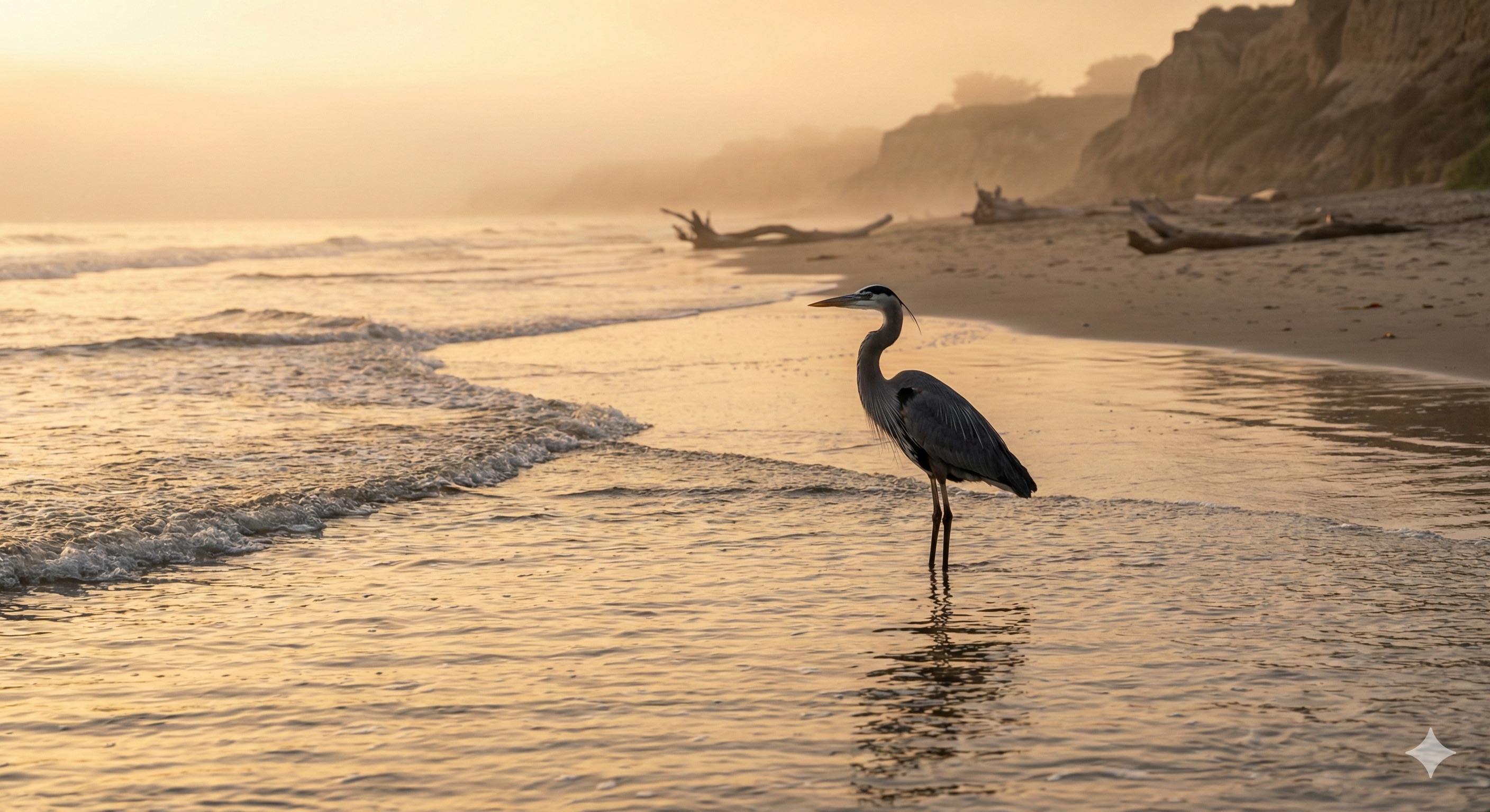 Great blue heron standing in shallow water at Del Mar beach at dawn