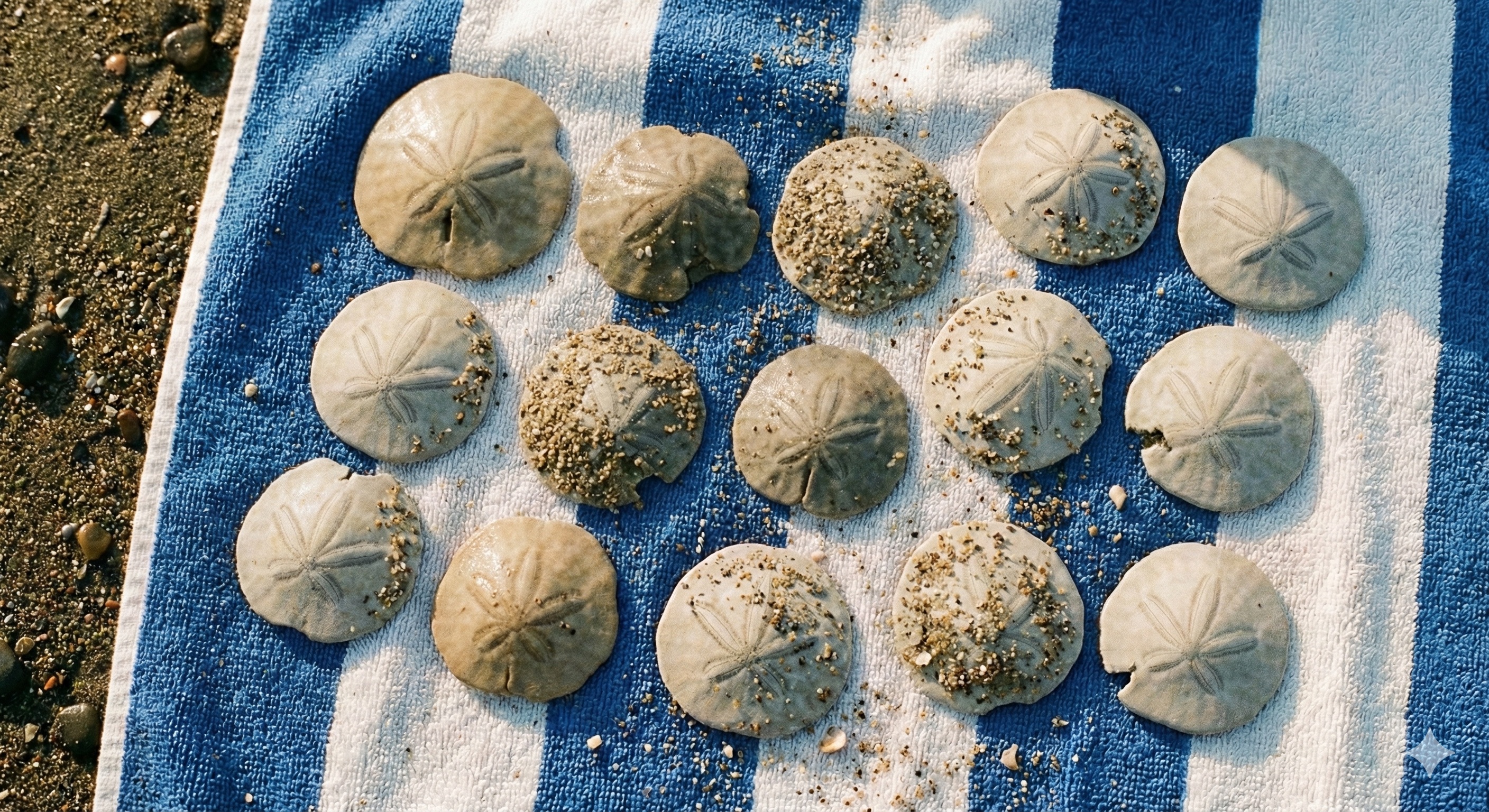 Collection of 16 sand dollars on a blue striped beach towel