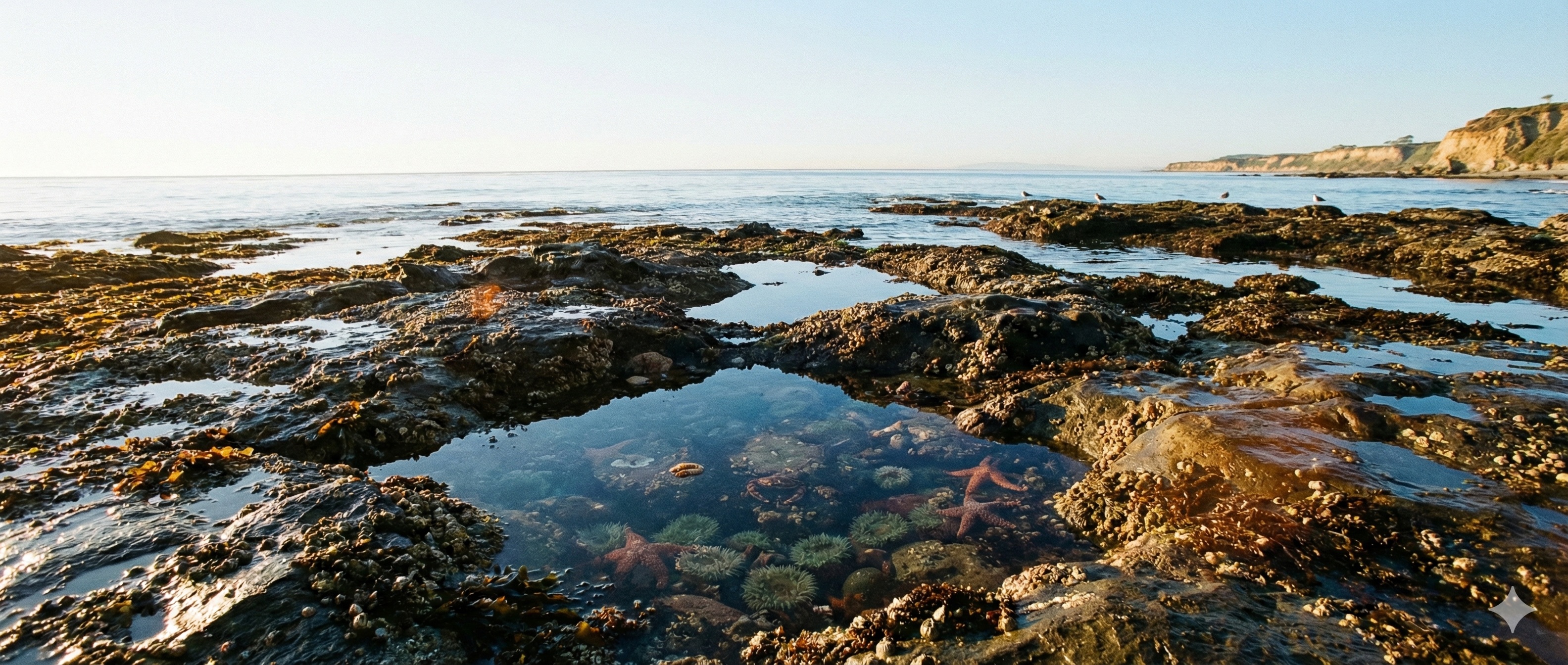 Tide pools with starfish and sea anemones at low tide along the Southern California coast